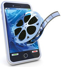 A video reel coming out of a mobile phone