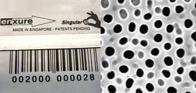 ID tag (left) and pores in the ceramic film (right)