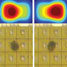 Top: calculated magnetic field patterns with current distribution in microcoils; bottom: a single BCE cell is trapped and moved using the field pattern at the top of the graphic.