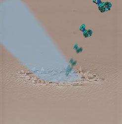 Illustration superimposed on a scanning-electron microscope image of the NIMS surface after irradiation with a single laser shot (blue), revealing localized surface destruction.