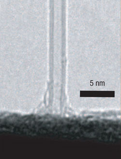 TEM image of a nanomechanical resonator made from a double-walled carbon nanotube