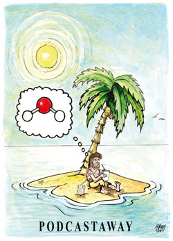 A man on a desert island, thinking of a water molecule