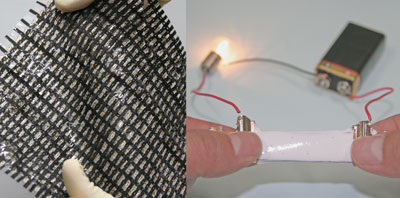 A stretchable matrix of transistors (left) and elastic conductor (right)