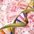 Strand of DNA superposed on yuan notes