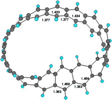 Twist localisation and adjacent bond lengths (AM1) for Cyclacene, n=15, t=1. 