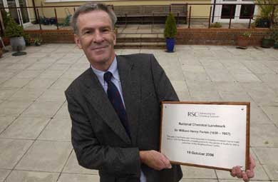 William Perkin's great-grandson Michael Kirkpatrick with a commemorative plaque at Sudbury Neighbourhood Centre William Perkin's great-grandson Michael Kirkpatrick with a commemorative plaque at Sudbury Neighbourhood Centre