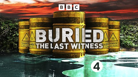 The logo for 'Buried: The Last Witness', which is white text on a background with yellow toxic waste barrels, some weird teal-coloured liquid on the ground and a red sky The logo for 'Buried: The Last Witness', which is white text on a background with yellow toxic waste barrels, some weird teal-coloured liquid on the ground and a red sky