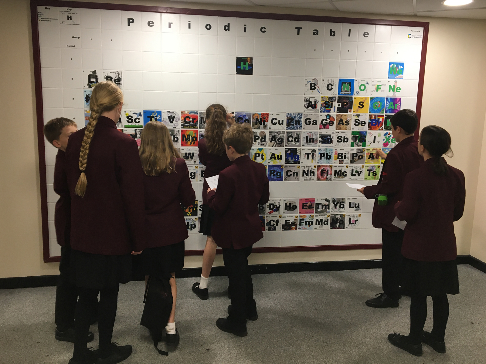 Schoolchildren with their backs to the camera looking at the large ceramic periodic table on the wall and taking notes. Schoolchildren with their backs to the camera looking at the large ceramic periodic table on the wall and taking notes.