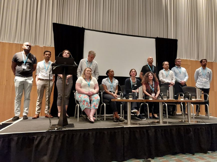 Representatives from each of the 11 partner companies on stage after the flash presentations Representatives from each of the 11 partner companies on stage after the flash presentations