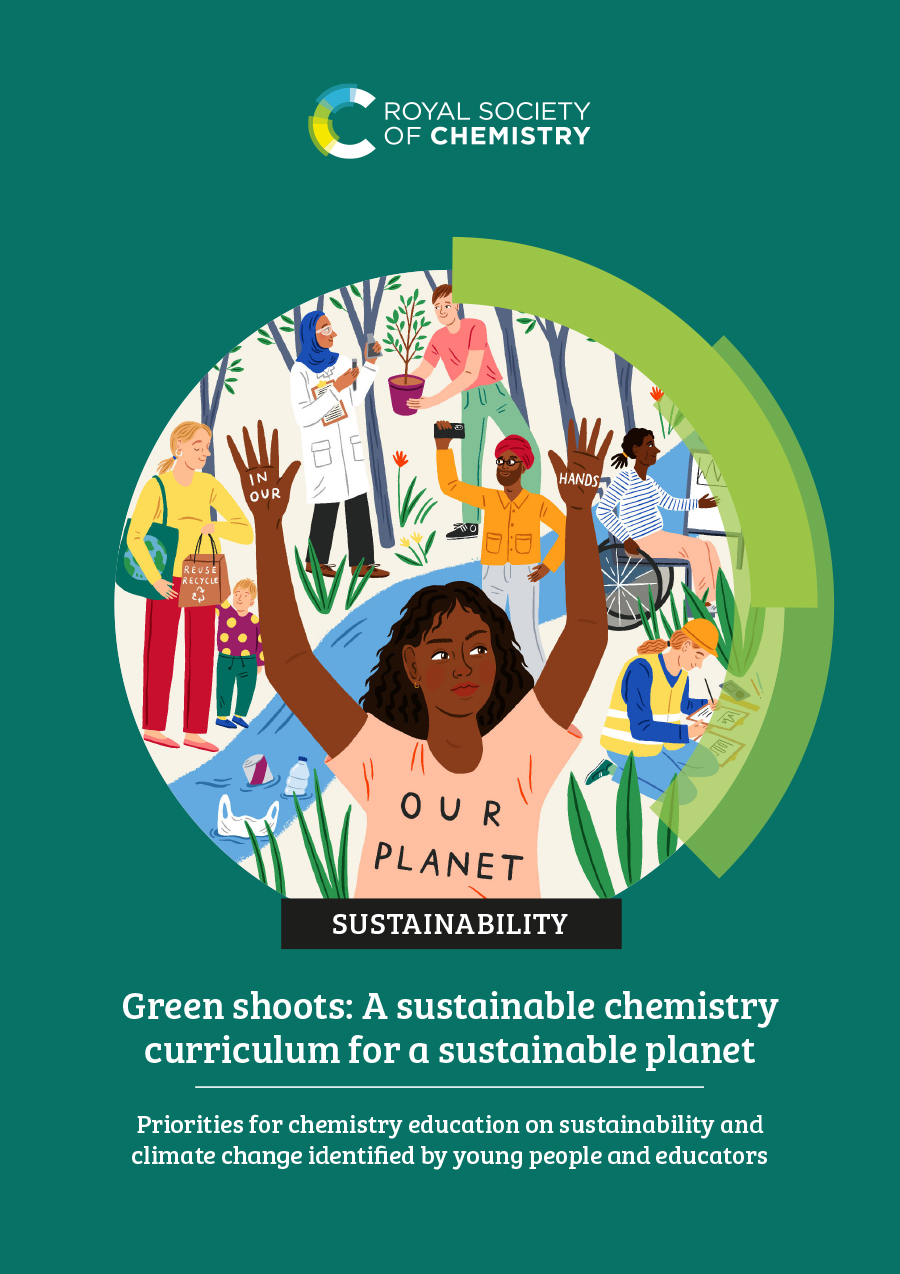 Illustration featuring young people being activists, picking up litter, doing recycling, and teaching. Text reads: A sustainable chemistry curriculum for a sustainable planet. Illustration featuring young people being activists, picking up litter, doing recycling, and teaching. Text reads: A sustainable chemistry curriculum for a sustainable planet.