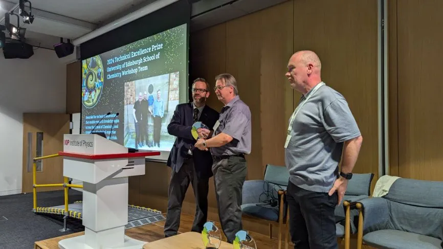 Two members of the University of Edinburgh School of Chemistry Workshop Team receive their RSC Technical Excellence Prize, with RSC Head of Professional Standards Toby Underwood to the left