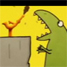 Cartoon of man clubbing dinosaur over head